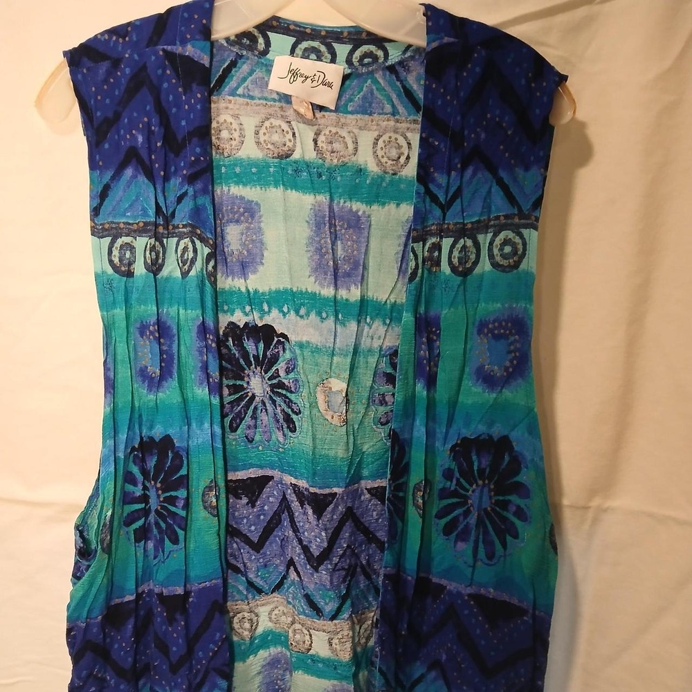 Jeffery & Dara Blue Teal Purple Floral Geometric Print Vest Cover Up Size 24